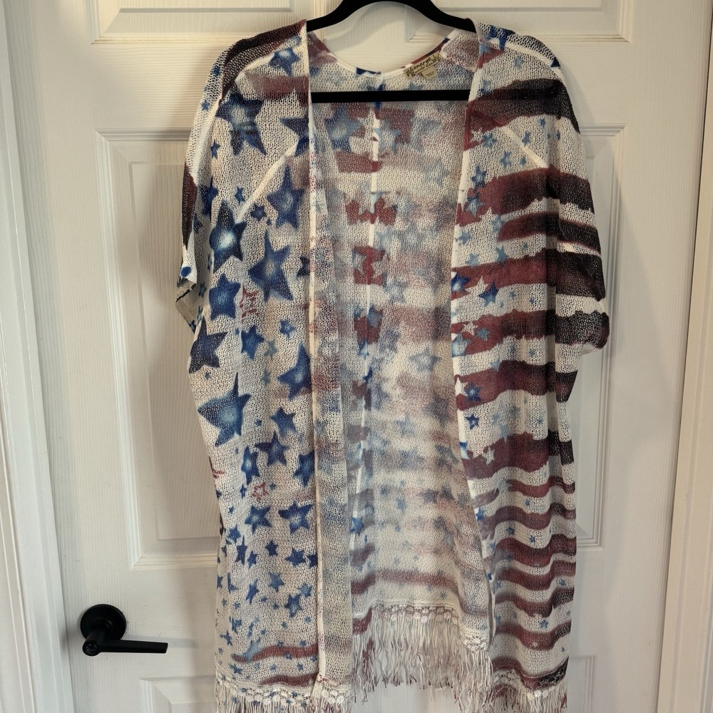 Energe World Wear Sz L American Flag Short Sleeve Hippie Boho Cardigan Coverup
